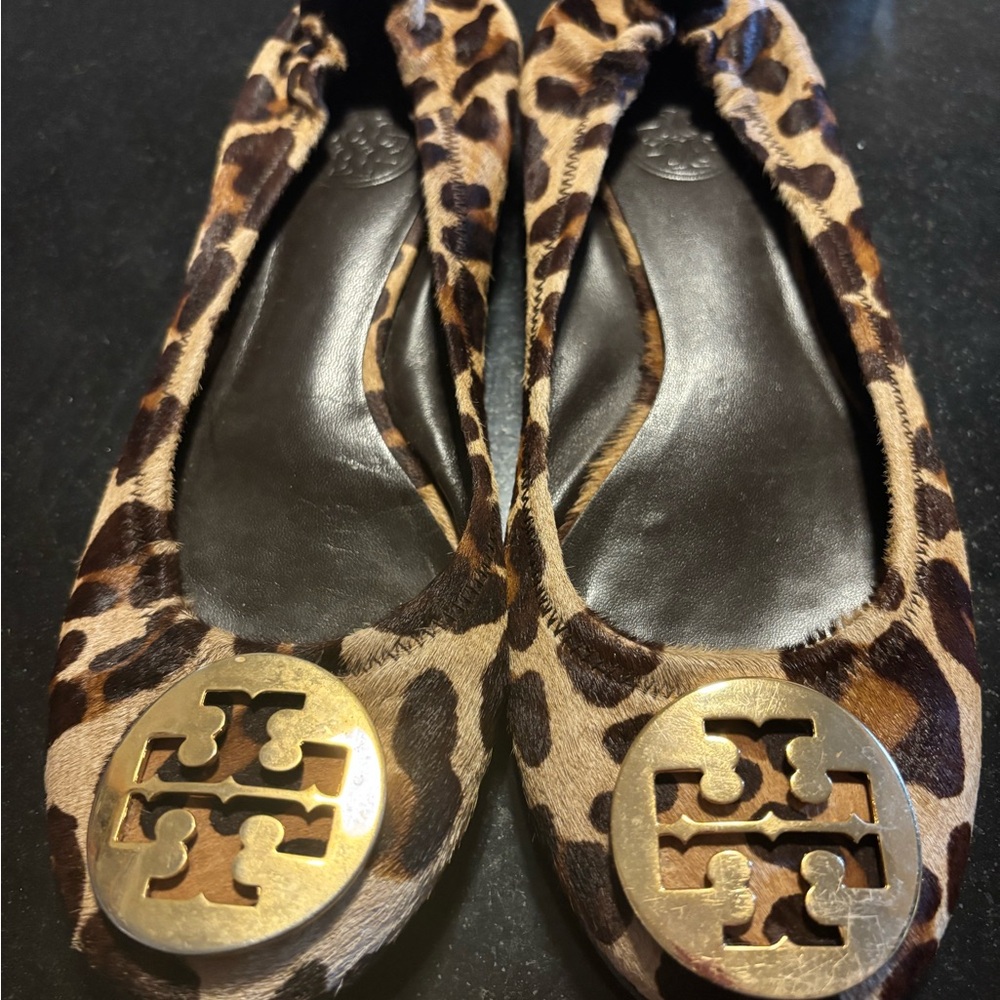 Tory Burch Animal Print Flats with Gold Accent size 8